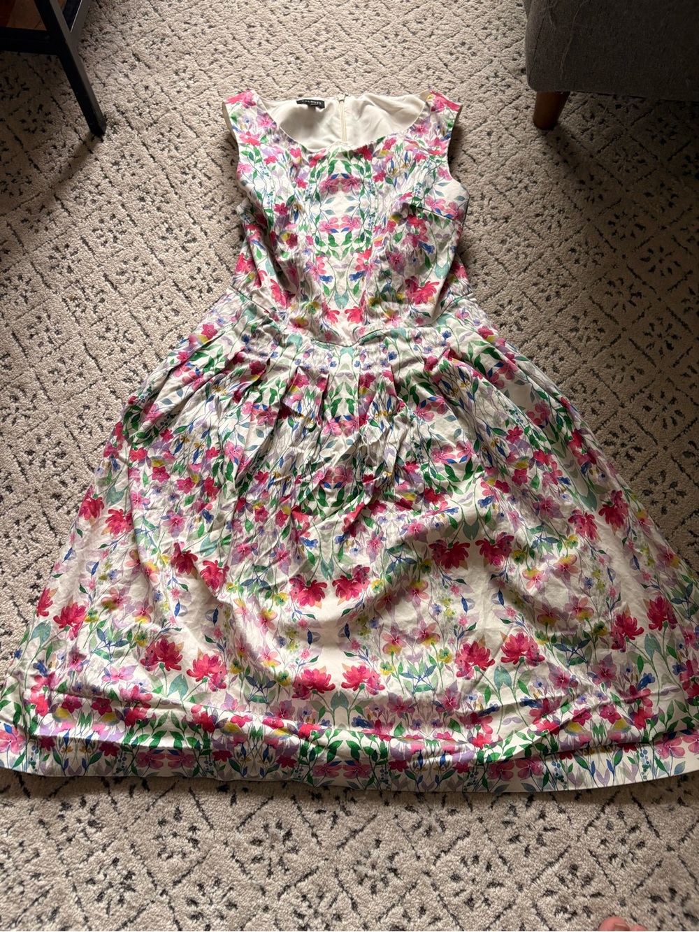 Talbots Cream Floral Sleeveless Fit-and-Flare Dress with Pink and Green Print